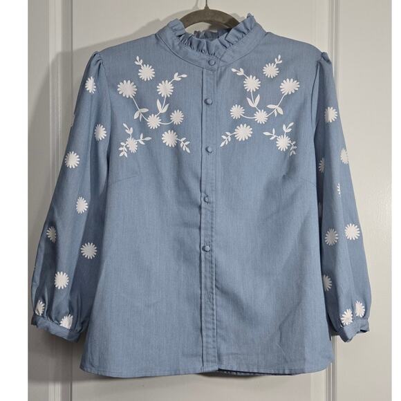 Simplee Women's Large Blue Daisy Floral Puff Sleeve Blouse Ruffle Collar Top - Picture 1 of 7